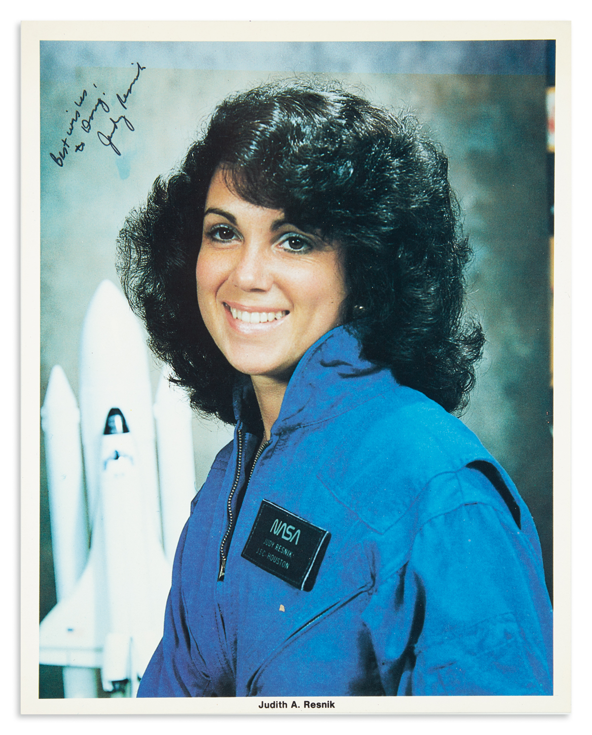 (ASTRONAUTS.) RESNIK, JUDITH A. Photograph Signed and Inscribed, Best wishes / to Doug / Judy Resnik,